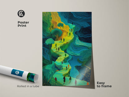 A surreal fantasy landscape poster print features figures walking a winding road. The emerald green and golden yellow abstract path canvas print is easy to frame. Perfect as teal abstract landscape for study room wall decor. This abstract artwork is rolled in a tube for protection.
