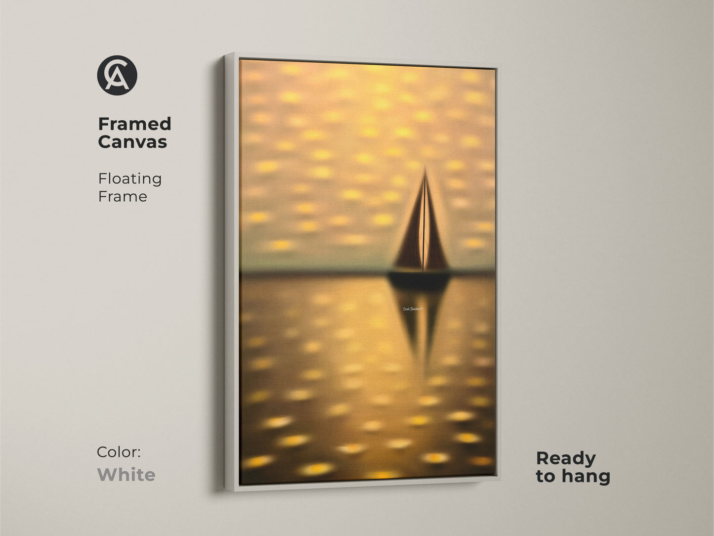 Framed canvas of a dreamy seascape with a white floating frame. This ready-to-hang nautical art features a yellow gold sailboat. An ideal housewarming gift for coastal home decor.