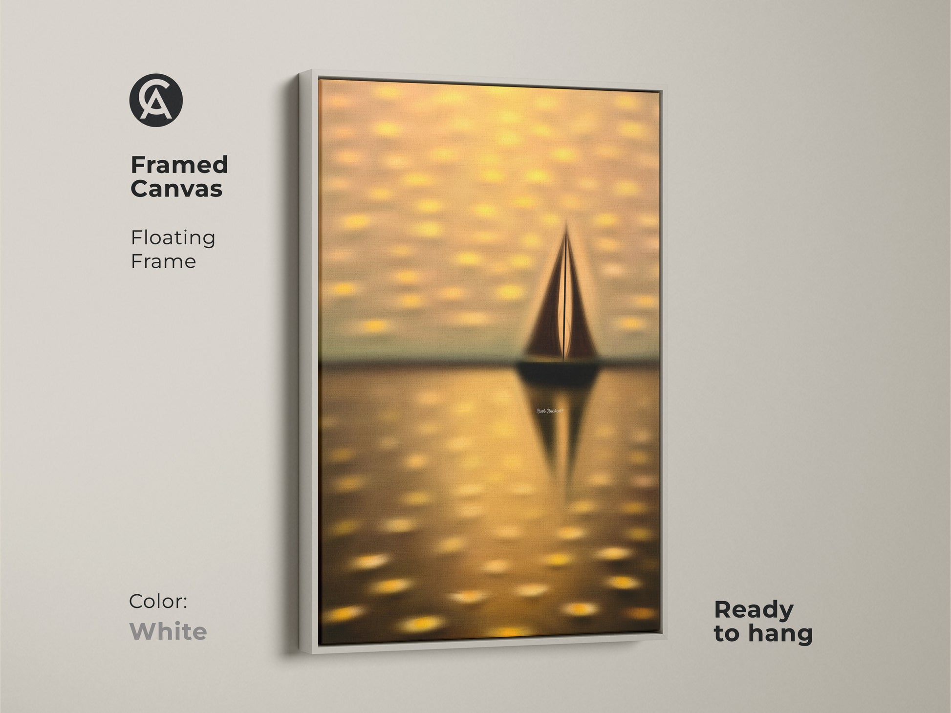 Framed canvas of a dreamy seascape with a white floating frame. This ready-to-hang nautical art features a yellow gold sailboat. An ideal housewarming gift for coastal home decor.