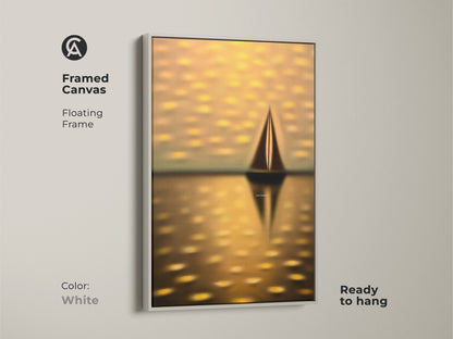 Framed canvas of a dreamy seascape with a white floating frame. This ready-to-hang nautical art features a yellow gold sailboat. An ideal housewarming gift for coastal home decor.