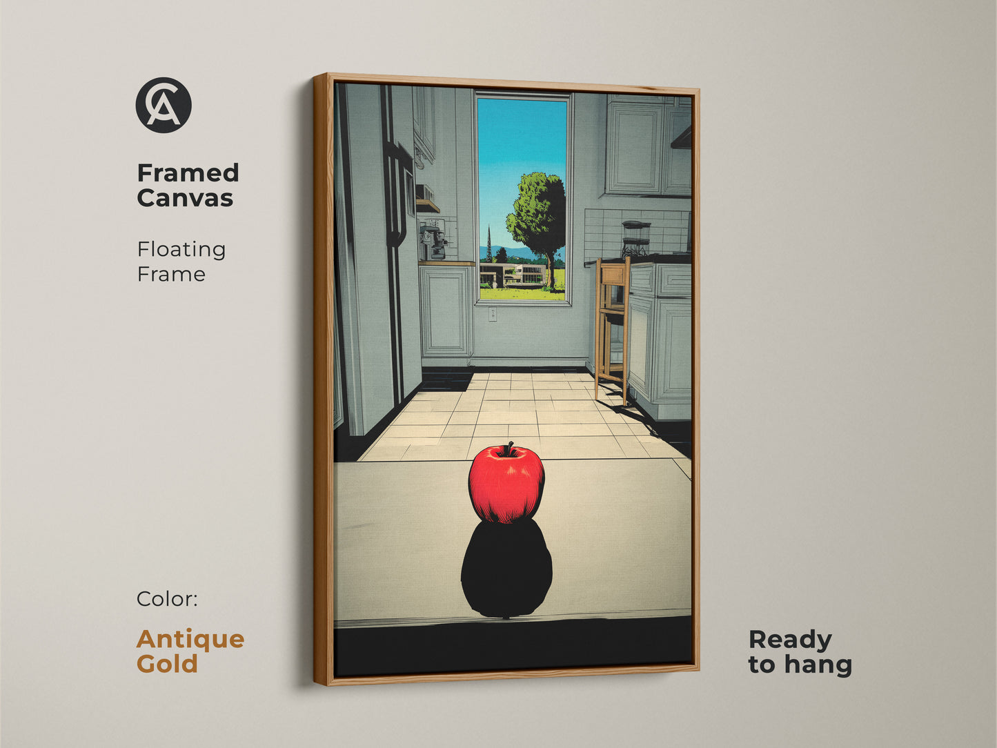 This framed canvas features an apple in a kitchen. The floating frame is antique gold. This canvas artwork is ready to hang. The frame adds elegance to this unique artwork.