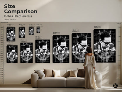 Size comparison of industrial blueprint art. See the monochrome canvas print next to furniture for scale. Available in various sizes for engineer office art. This architect gift idea suits any space and decor style.
