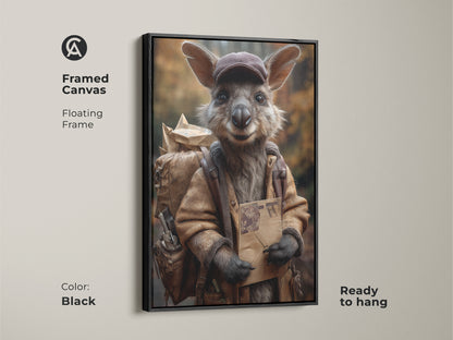 Framed canvas shows a realistic kangaroo mail carrier. The floating frame is black which adds a sleek touch. Ready to hang this animal artwork brings adventure to any room. Its earthy tones blend seamlessly.