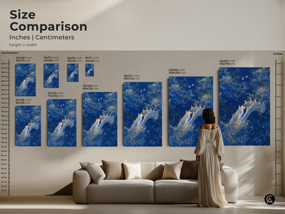 Size Comparison for Couple on Bridge Wall Art. Various sizes are displayed in inches and centimeters. Visualize the artwork in different dimensions to find the ideal fit. Enhance your home with this romantic bedroom art. An anniversary couple art for any space.