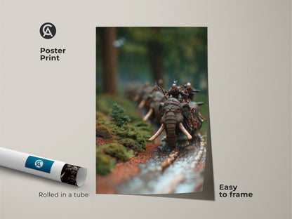 View a poster print of dark fantasy elephant art. It features a warrior riding an elephant print in a forest battle scene. This miniature warfare canvas is easy to frame. The eclectic study decor makes a unique gift for history buffs. Enjoy this fantasy wall art.