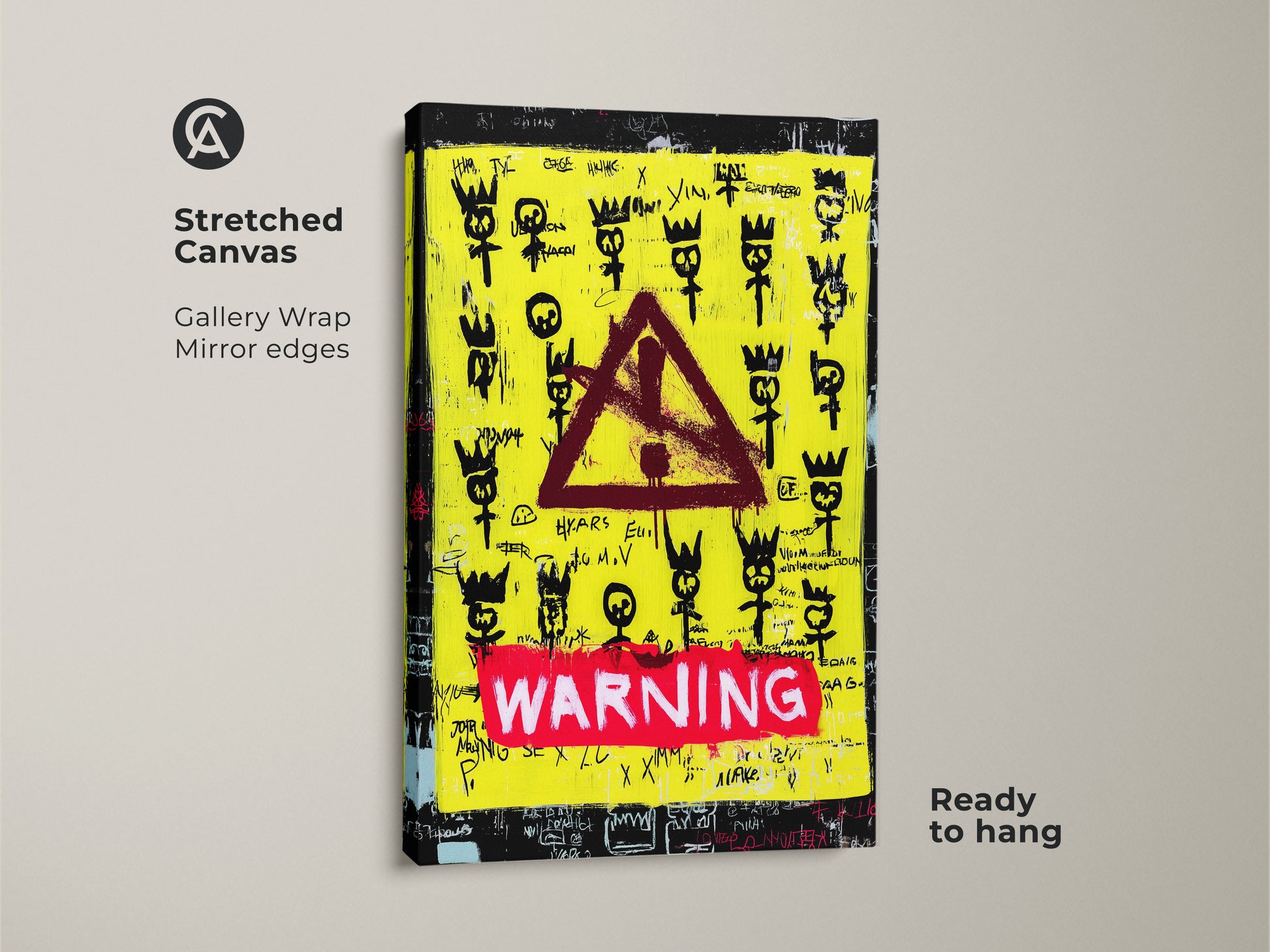 Close-up of a stretched canvas print featuring urban street art. The yellow and black graffiti neo-expressionism wall art showcases a red warning sign. This gallery-wrapped canvas has mirrored edges and is ready to hang. Perfect for adding a bold abstract art piece to your space.