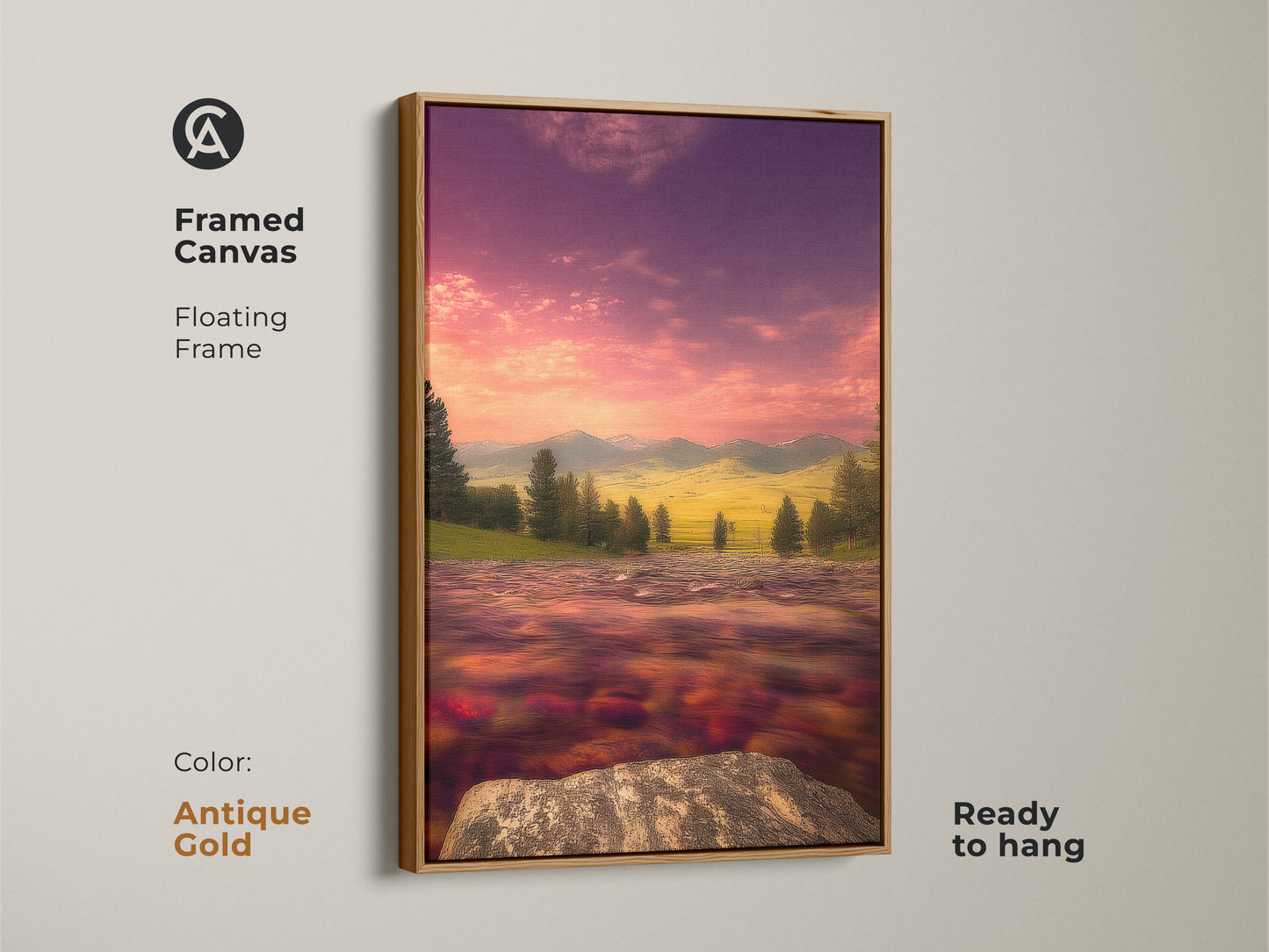 Antique Gold framed canvas featuring impressionist river mountain art. Notice the tranquil flowing river and pink purple sky. This is a ready to hang scenic landscape canvas. Perfect artistic home decor or housewarming gift for lovers of vibrant landscape art.