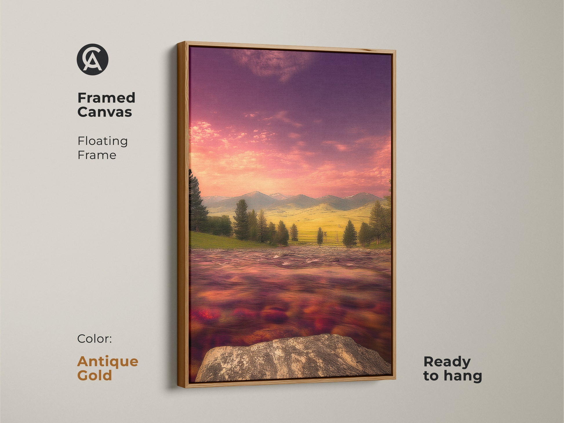 Antique Gold framed canvas featuring impressionist river mountain art. Notice the tranquil flowing river and pink purple sky. This is a ready to hang scenic landscape canvas. Perfect artistic home decor or housewarming gift for lovers of vibrant landscape art.