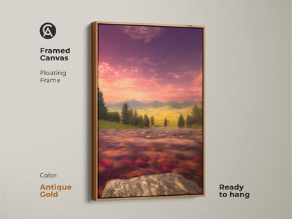 Antique Gold framed canvas featuring impressionist river mountain art. Notice the tranquil flowing river and pink purple sky. This is a ready to hang scenic landscape canvas. Perfect artistic home decor or housewarming gift for lovers of vibrant landscape art.