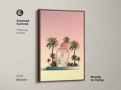 Pastel yellow Ferris wheel artwork with palm trees in a brown framed canvas. This retro futurism piece adds a summer vacation vibe to your walls. The boho palm tree canvas enhances entryway decor. A unique travel gift with a surreal landscape and dreamy pastel pink sky print. The perfect coastal amusement art.