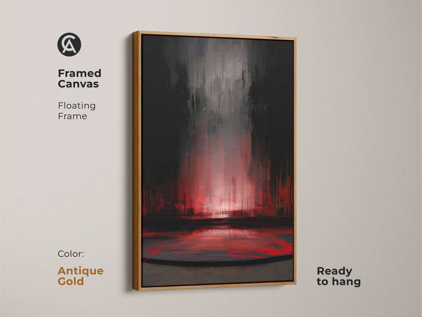 This framed canvas showcases striking abstract art in crimson and dark grey. The antique gold floating frame highlights the textured quality. This modern color splash canvas brings contemporary flair to any interior. A thoughtful housewarming gift for art lovers. It's an elegant addition to any art collection.