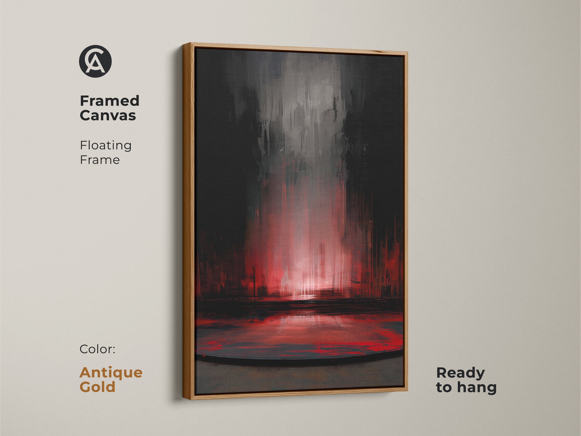 This framed canvas showcases striking abstract art in crimson and dark grey. The antique gold floating frame highlights the textured quality. This modern color splash canvas brings contemporary flair to any interior. A thoughtful housewarming gift for art lovers. It's an elegant addition to any art collection.