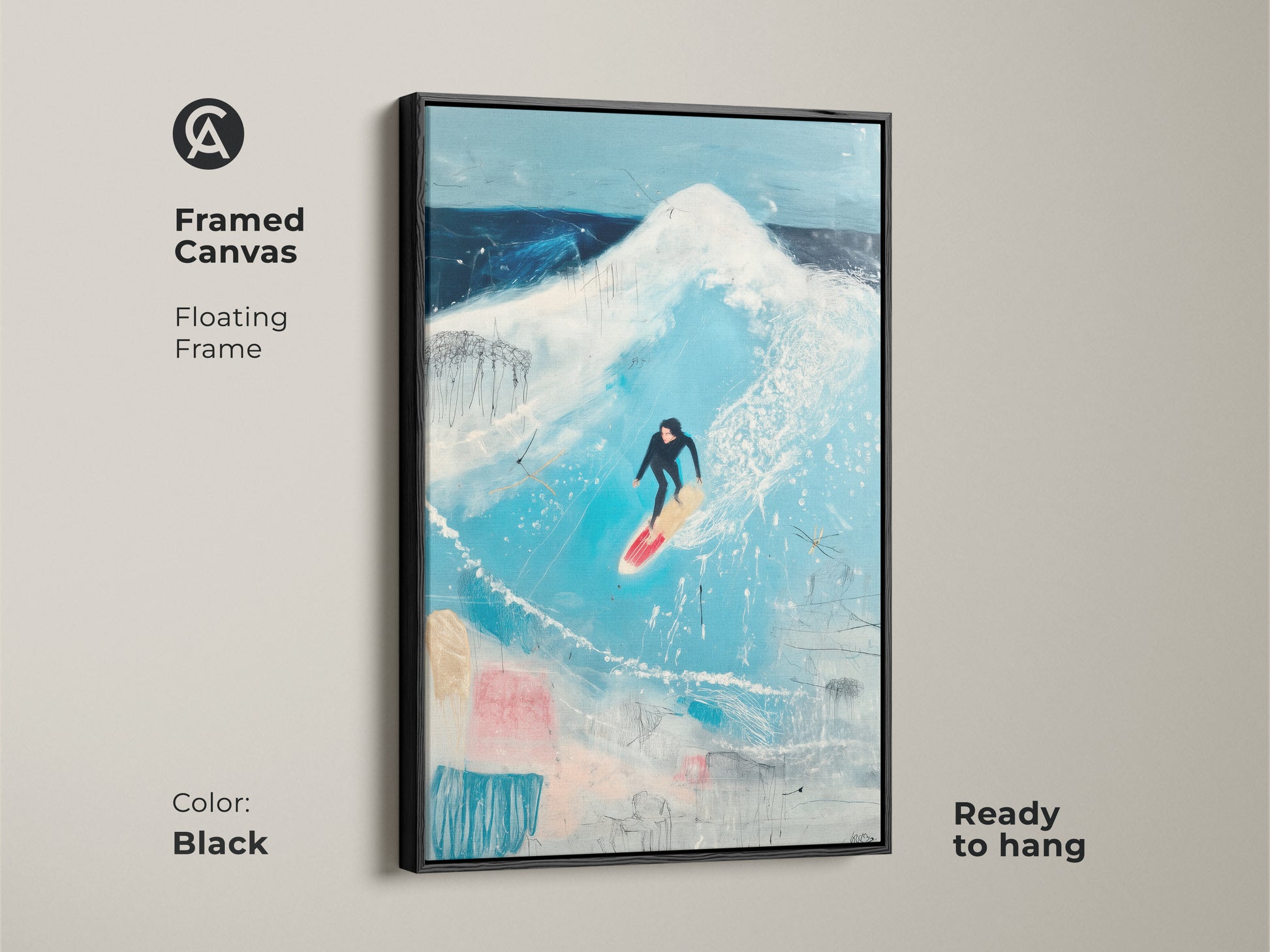 A framed canvas showcases abstract ocean wave art. This coastal artwork includes a floating frame in brown. The surfer print adds modern flair to any room. It's perfect beach house wall decor with warm brown accents.