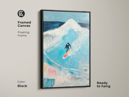 A framed canvas showcases abstract ocean wave art. This coastal artwork includes a floating frame in brown. The surfer print adds modern flair to any room. It's perfect beach house wall decor with warm brown accents.