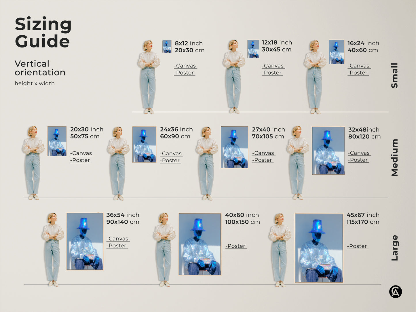 Sizing guide for vertical artwork featuring a seated figure. Available in small medium and large sizes. Find the perfect fit for your space. Options include canvas and poster prints for any room.