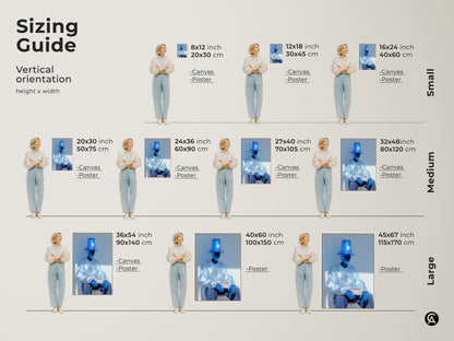 Sizing guide for vertical artwork featuring a seated figure. Available in small medium and large sizes. Find the perfect fit for your space. Options include canvas and poster prints for any room.