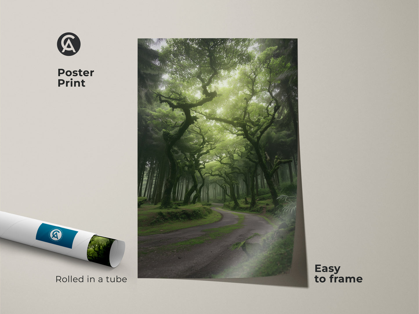 Poster print of a misty forest with emerald green trees. The enchanting woodland path is easy to frame. Rolled in a tube for protection this nature landscape canvas brings the serene beauty of nature to your space. It's perfect as boho woodland wall art