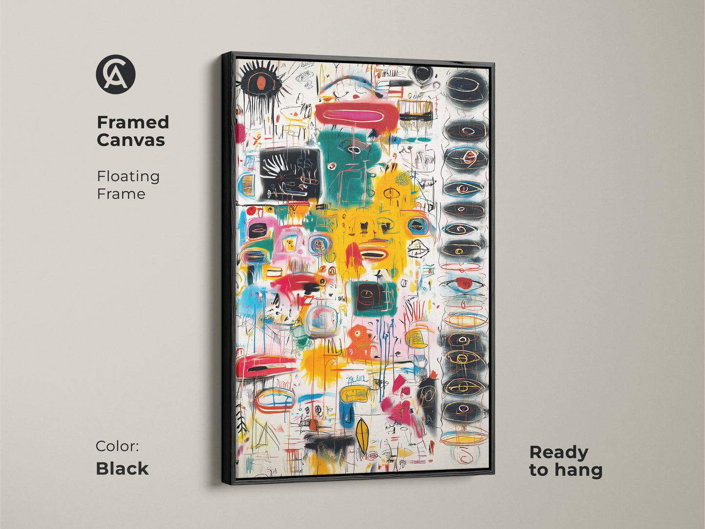 Enhance your home decor with this framed canvas artwork. The floating frame in black adds sophistication. The abstract art features a bold color palette. It arrives ready to hang for your convenience.