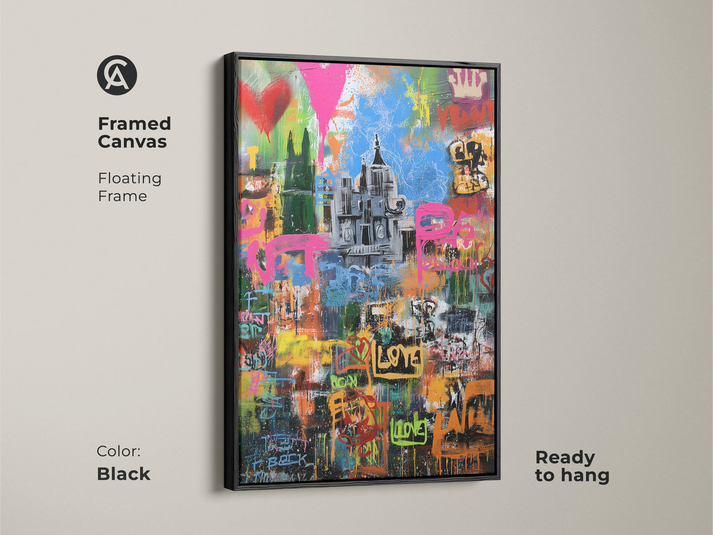 Framed canvas of a graffiti cityscape in a black floating frame. This urban street art print is ready to hang. Displaying abstract pink yellow blue art it's eclectic wall decor for a living room. It's modern graffiti artwork.