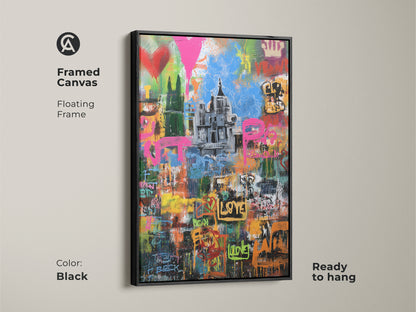 Framed canvas of a graffiti cityscape in a black floating frame. This urban street art print is ready to hang. Displaying abstract pink yellow blue art it's eclectic wall decor for a living room. It's modern graffiti artwork.