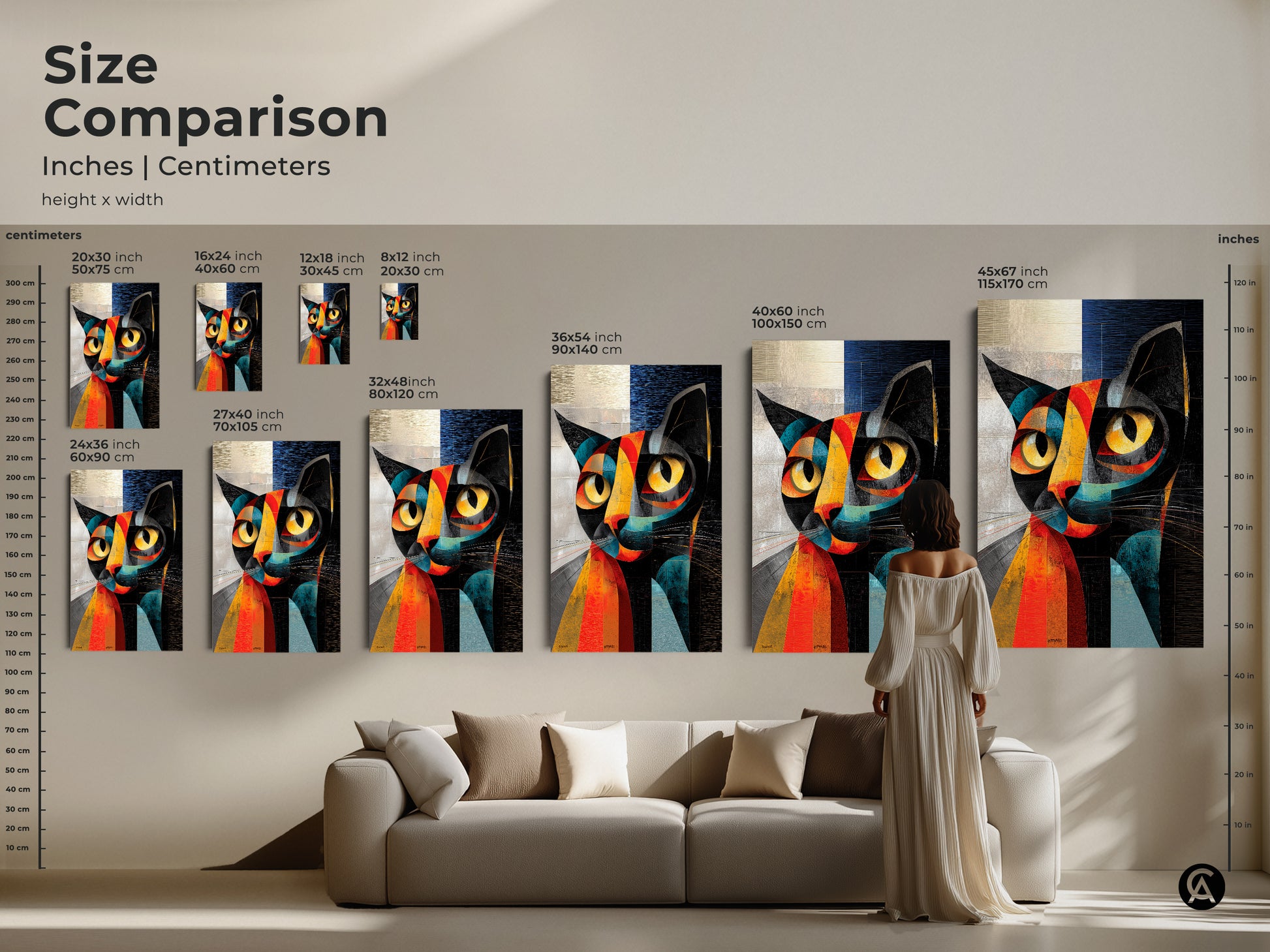 Size comparison of abstract cubist cat artwork in inches and centimeters. See how the geometric feline art looks in various sizes above a sofa. Options range from small to large. This modern animal decor will enhance any living room or office space.