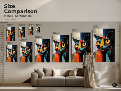 Size comparison of abstract cubist cat artwork in inches and centimeters. See how the geometric feline art looks in various sizes above a sofa. Options range from small to large. This modern animal decor will enhance any living room or office space.