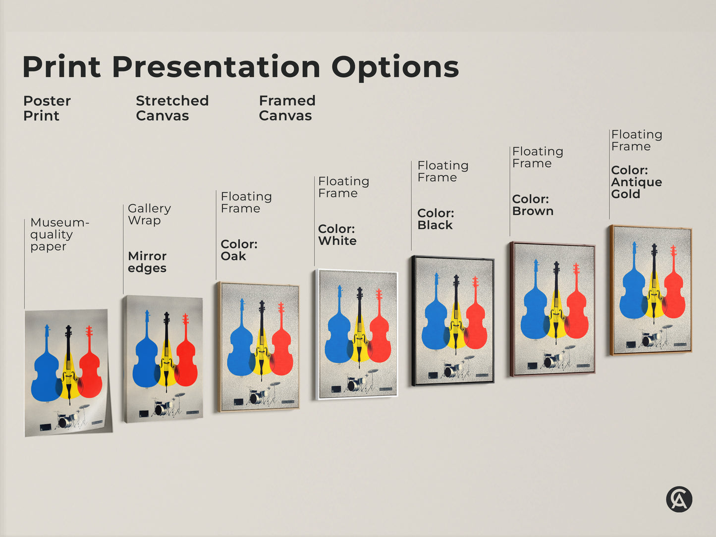 Explore print presentation options for cello and drum set artwork. Choose poster print stretched canvas or framed canvas options. Each features gallery wrap floating frames and museum-quality paper. Select color options like black brown white and oak to complement your Mid-Century Modern wall decor.
