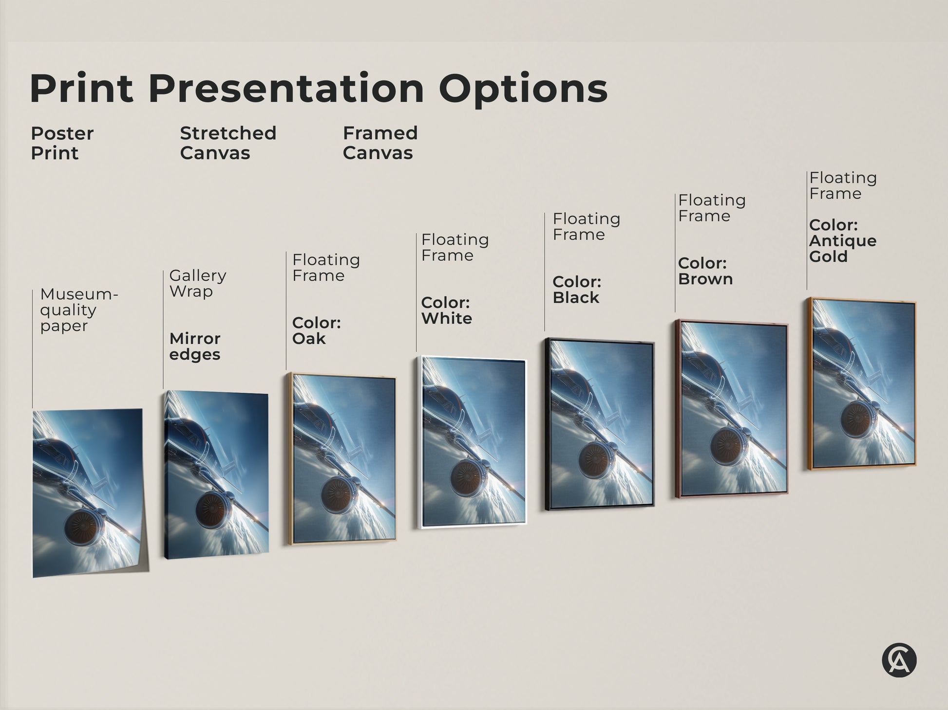 Explore print presentation options for futuristic jet artwork. Choose from poster print stretched canvas or framed canvas. Various floating frame colors are available including oak white black brown and antique gold.