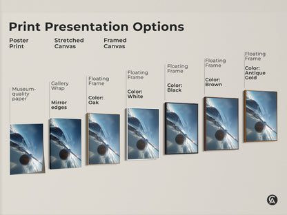 Explore print presentation options for futuristic jet artwork. Choose from poster print stretched canvas or framed canvas. Various floating frame colors are available including oak white black brown and antique gold.