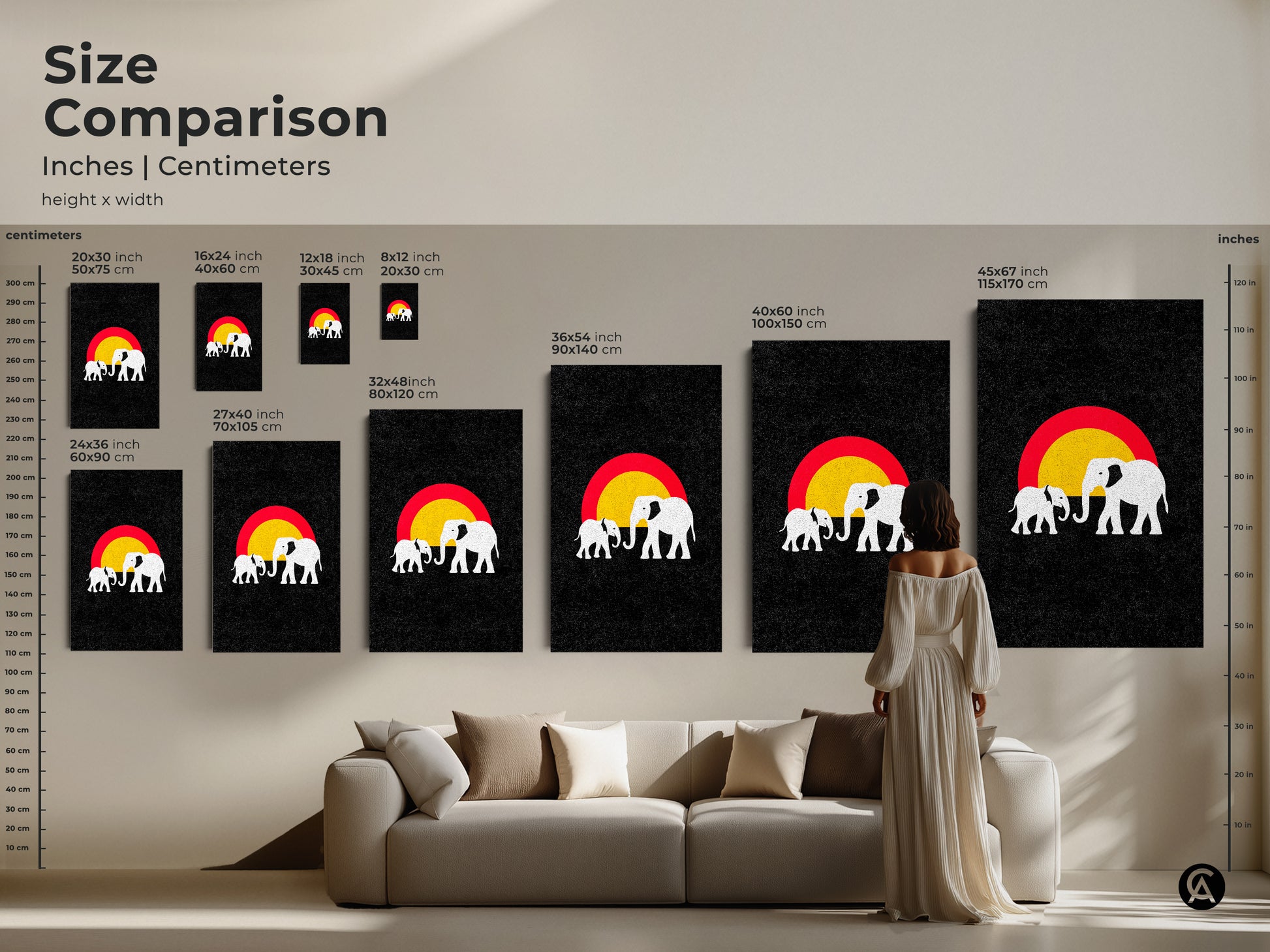 Size comparison of minimalist elephant art. See this unique artwork in various sizes. Displayed above a modern sofa. Perfect to visualize how each piece fits in your eclectic home decor. Find the ideal size.