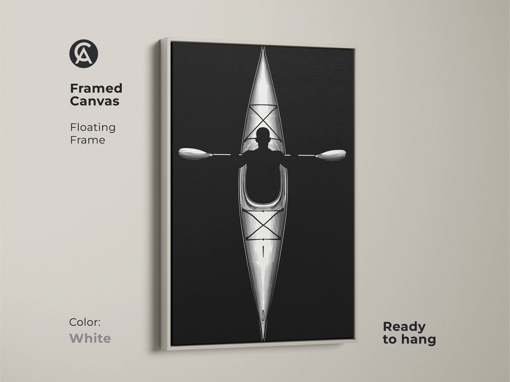 Framed canvas with floating frame presenting minimalist kayak line artwork in white. Ready to hang this black and white paddler print is great modern wall artwork.