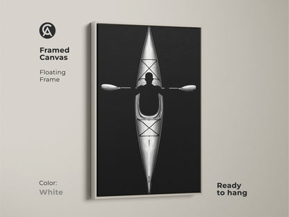 Framed canvas with floating frame presenting minimalist kayak line artwork in white. Ready to hang this black and white paddler print is great modern wall artwork.