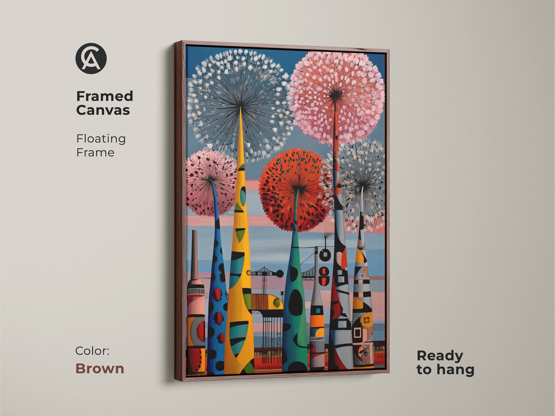 A framed canvas with a floating brown frame showcasing a mid-century modern art print. The retro botanical art and cityscape elements are colorful and ready to hang. It will add character to any space.