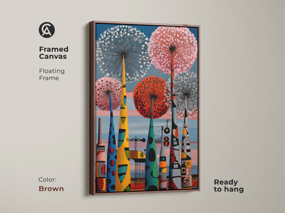 A framed canvas with a floating brown frame showcasing a mid-century modern art print. The retro botanical art and cityscape elements are colorful and ready to hang. It will add character to any space.