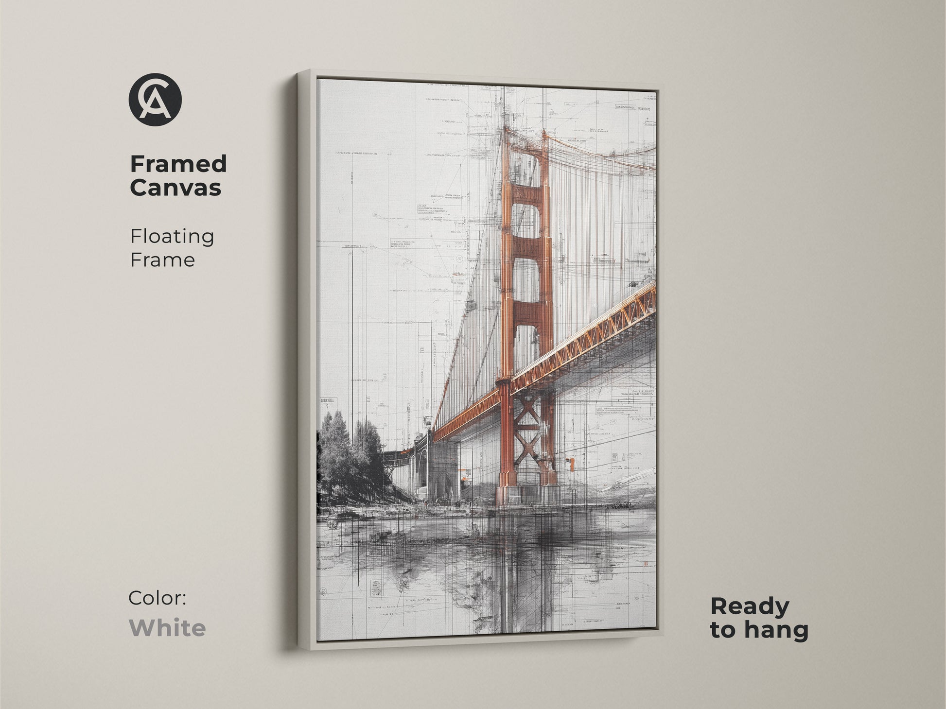 The Golden Gate Bridge artwork is in a white framed canvas. It's a ready to hang blueprint style industrial wall art piece. The orange and gray cityscape art is modern. This architecture sketch print is an ideal travel lover gift. It's engineering blueprint art for your space.