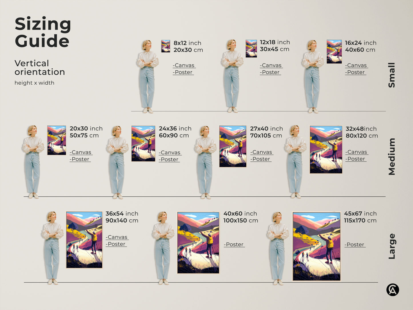 Vertical orientation sizing guide for mountain landscape art prints. Choose from canvas or poster in sizes from 8x12 to 45x67 inches. Find the perfect fit for your bedroom boho decor. Modern folk art to enhance any living space or travel themed wall.