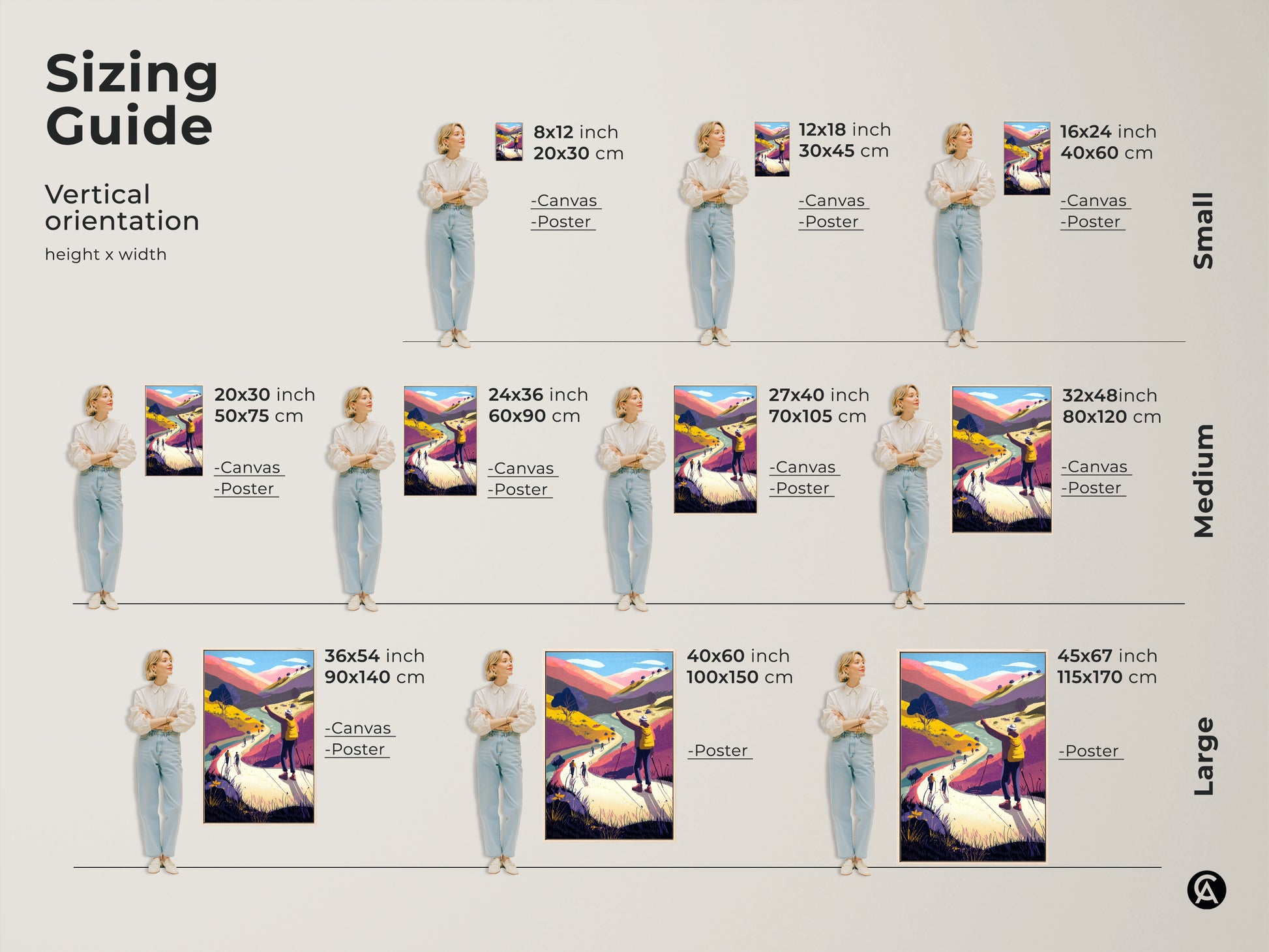 Vertical orientation sizing guide for mountain landscape art prints. Choose from canvas or poster in sizes from 8x12 to 45x67 inches. Find the perfect fit for your bedroom boho decor. Modern folk art to enhance any living space or travel themed wall.