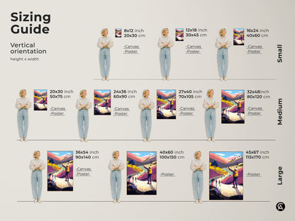 Vertical orientation sizing guide for mountain landscape art prints. Choose from canvas or poster in sizes from 8x12 to 45x67 inches. Find the perfect fit for your bedroom boho decor. Modern folk art to enhance any living space or travel themed wall.