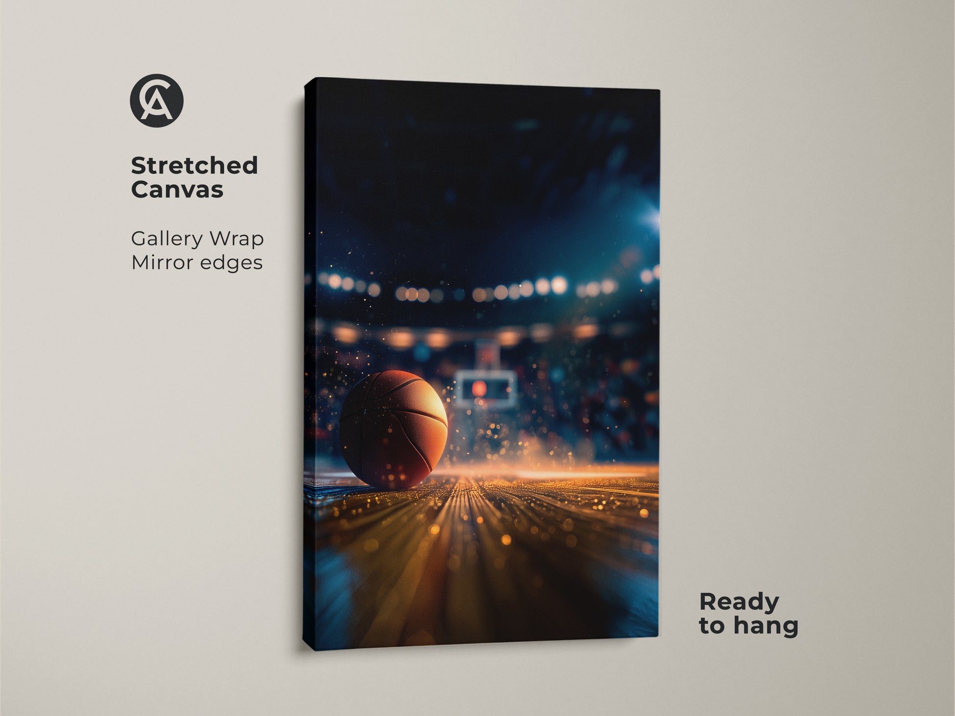 A stunning stretched canvas print featuring a basketball court scene. The gallery wrap and mirror edges provide a modern touch. Ready to hang and enjoy this basketball artwork. It is ideal for game rooms and living spaces.