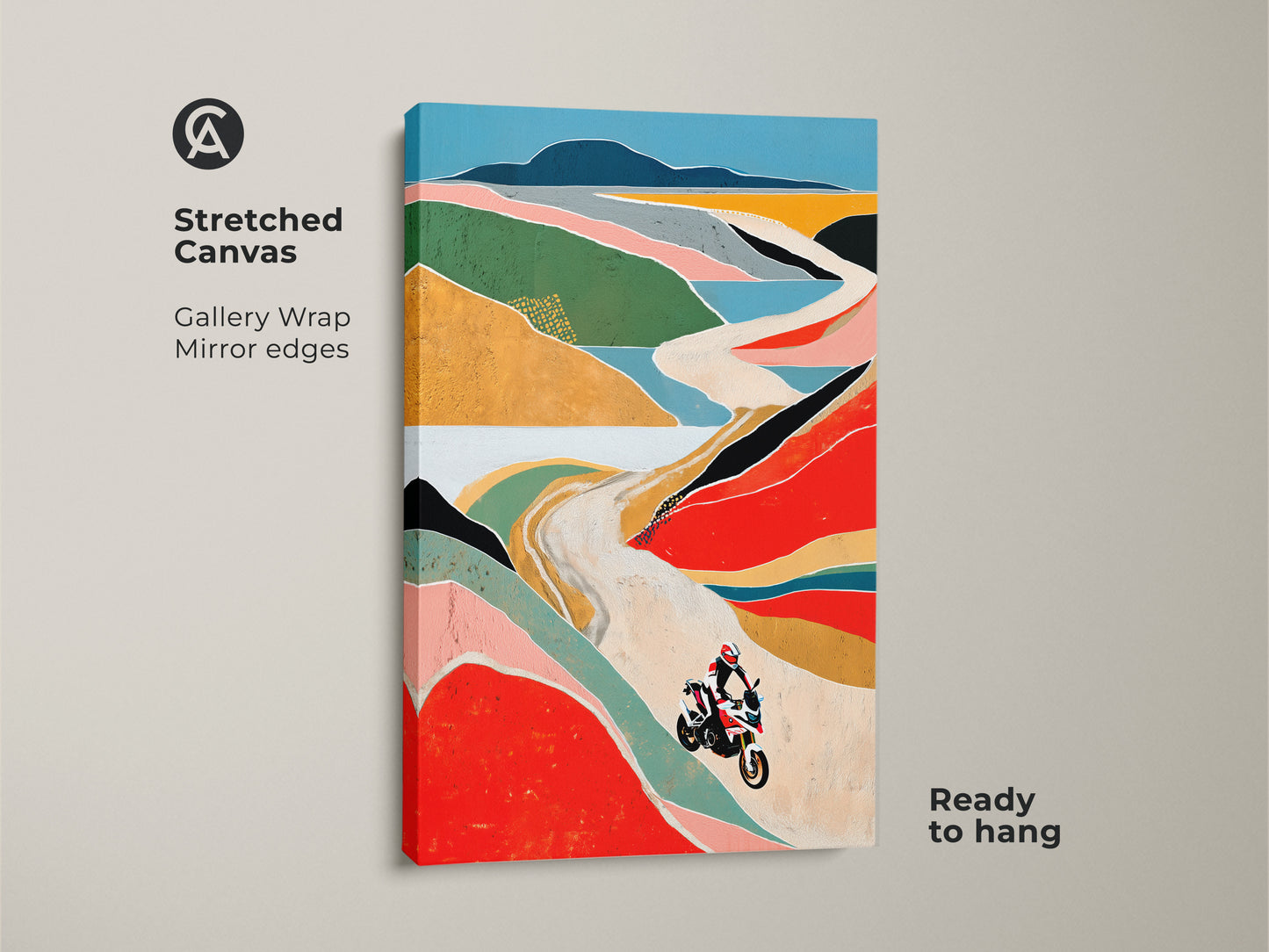 Explore the essence of adventure with this stretched canvas art. It features a motorcycle navigating a mountain road in an abstract geometric style. The red teal and orange tones bring a dynamic modern touch to any space. Ready to hang and enjoy.
