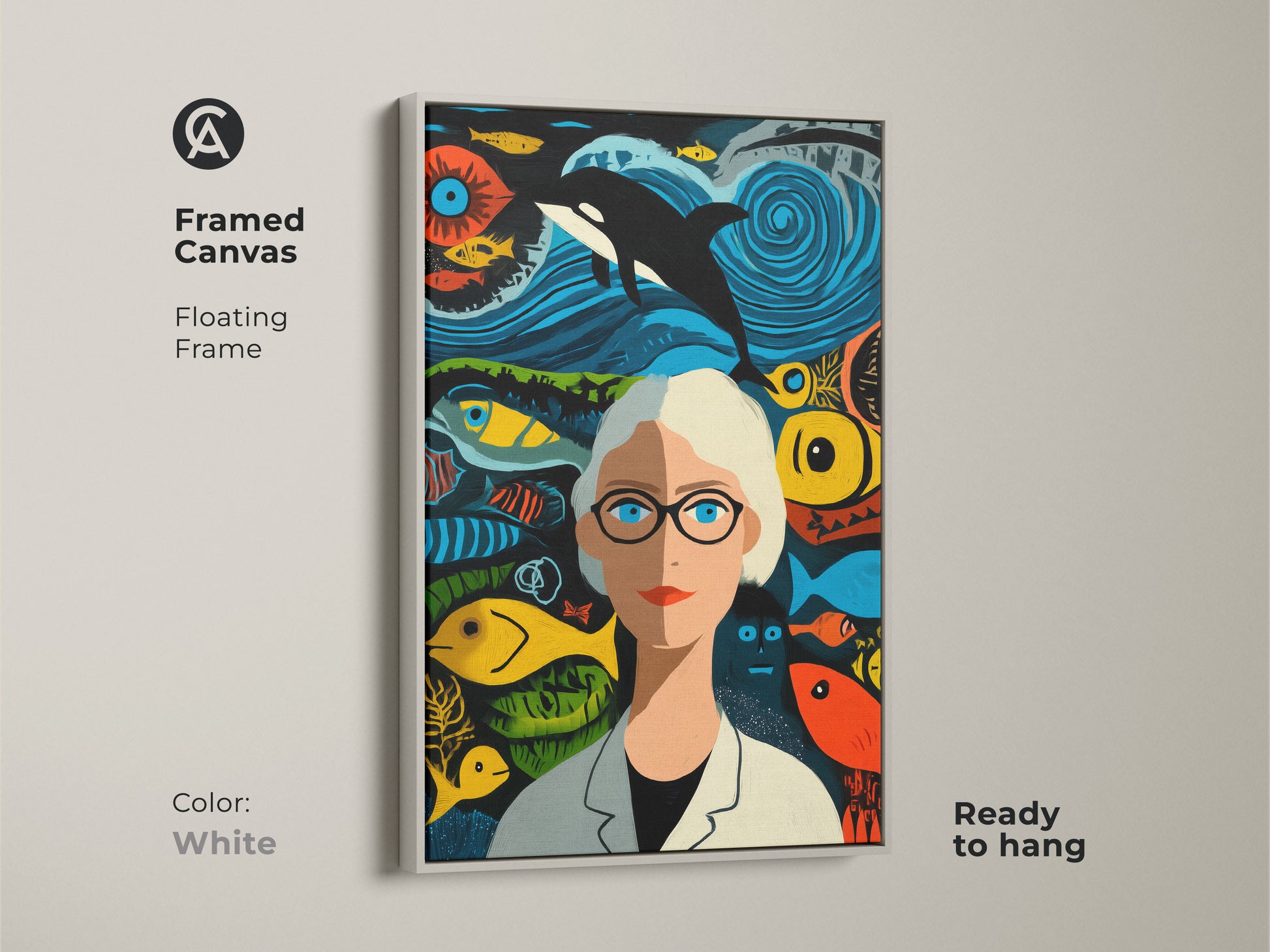 Brighten your room with this white framed art piece. Framed canvas with a floating frame for a clean look. This marine biologist portrait brings a fresh touch. The eclectic home decor is ready to hang and complements any aesthetic.
