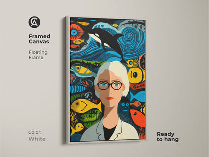 Brighten your room with this white framed art piece. Framed canvas with a floating frame for a clean look. This marine biologist portrait brings a fresh touch. The eclectic home decor is ready to hang and complements any aesthetic.
