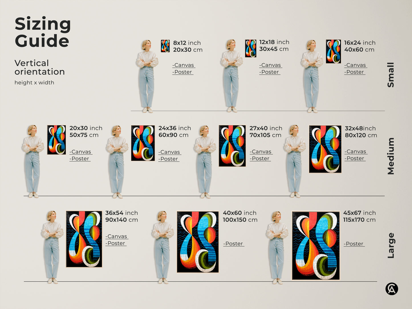 Sizing guide for vertical orientation artwork including canvas and poster prints. Visualize the impact of different sizes of this geometric abstract on your wall. The mid-century modern artwork in retro orange blue and red is perfect for any space and available in various sizes.