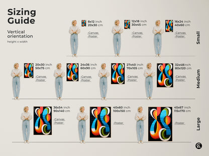 Sizing guide for vertical orientation artwork including canvas and poster prints. Visualize the impact of different sizes of this geometric abstract on your wall. The mid-century modern artwork in retro orange blue and red is perfect for any space and available in various sizes.