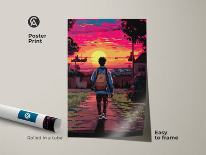 Poster Print Pixel Art Urban Sunset. This retrofuturism art shows a person with backpack in magenta sunset. An easy-to-frame anime gift idea. Rolled in a tube for safe shipping as a wall decor.