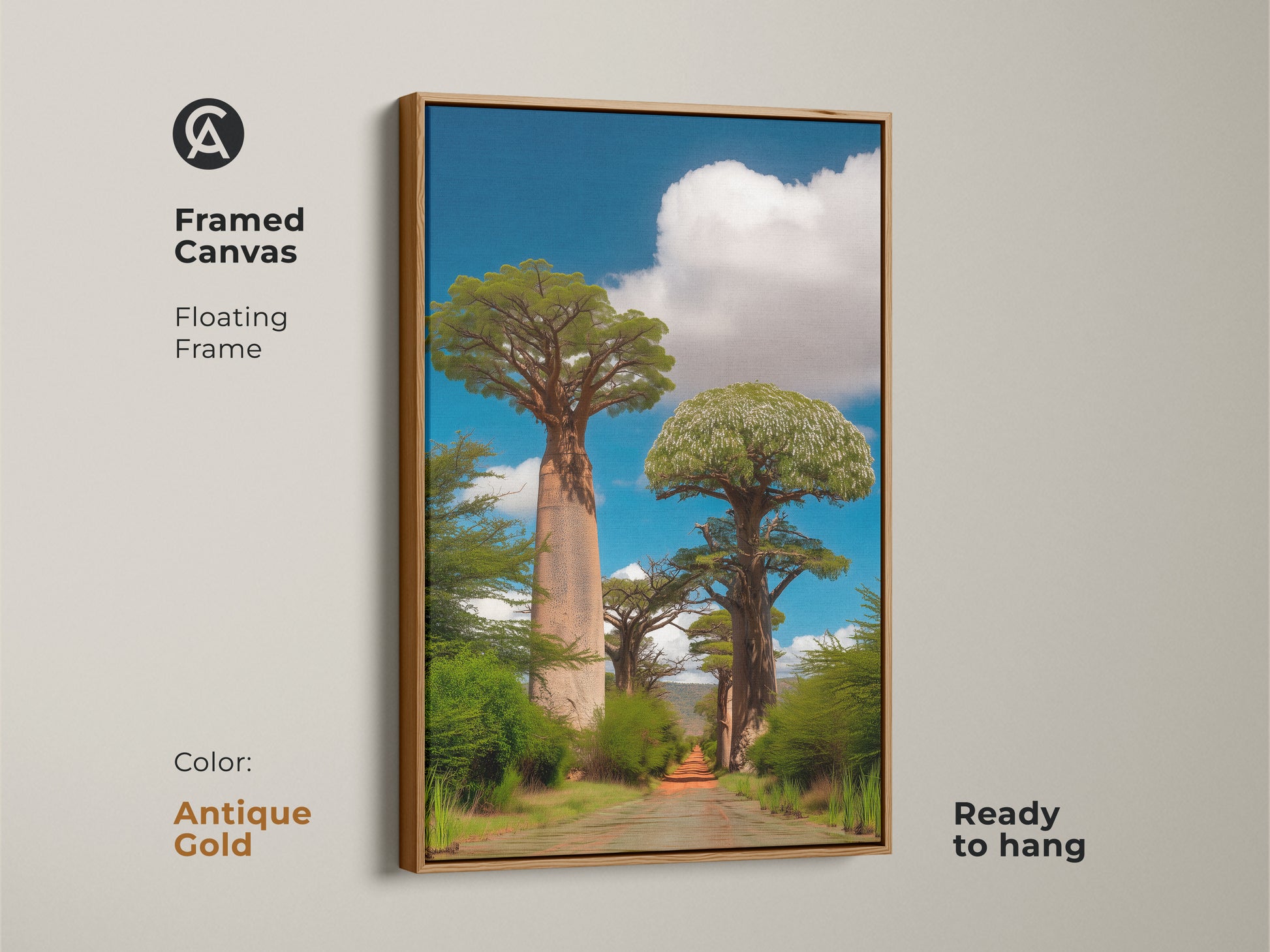 Framed canvas featuring realistic baobab trees with an antique gold floating frame. This African nature landscape print is ready to hang. Ideal boho home decor. A unique travel gift that brings the savanna to life. The blue sky and green foliage enhance this photorealistic trees artwork.