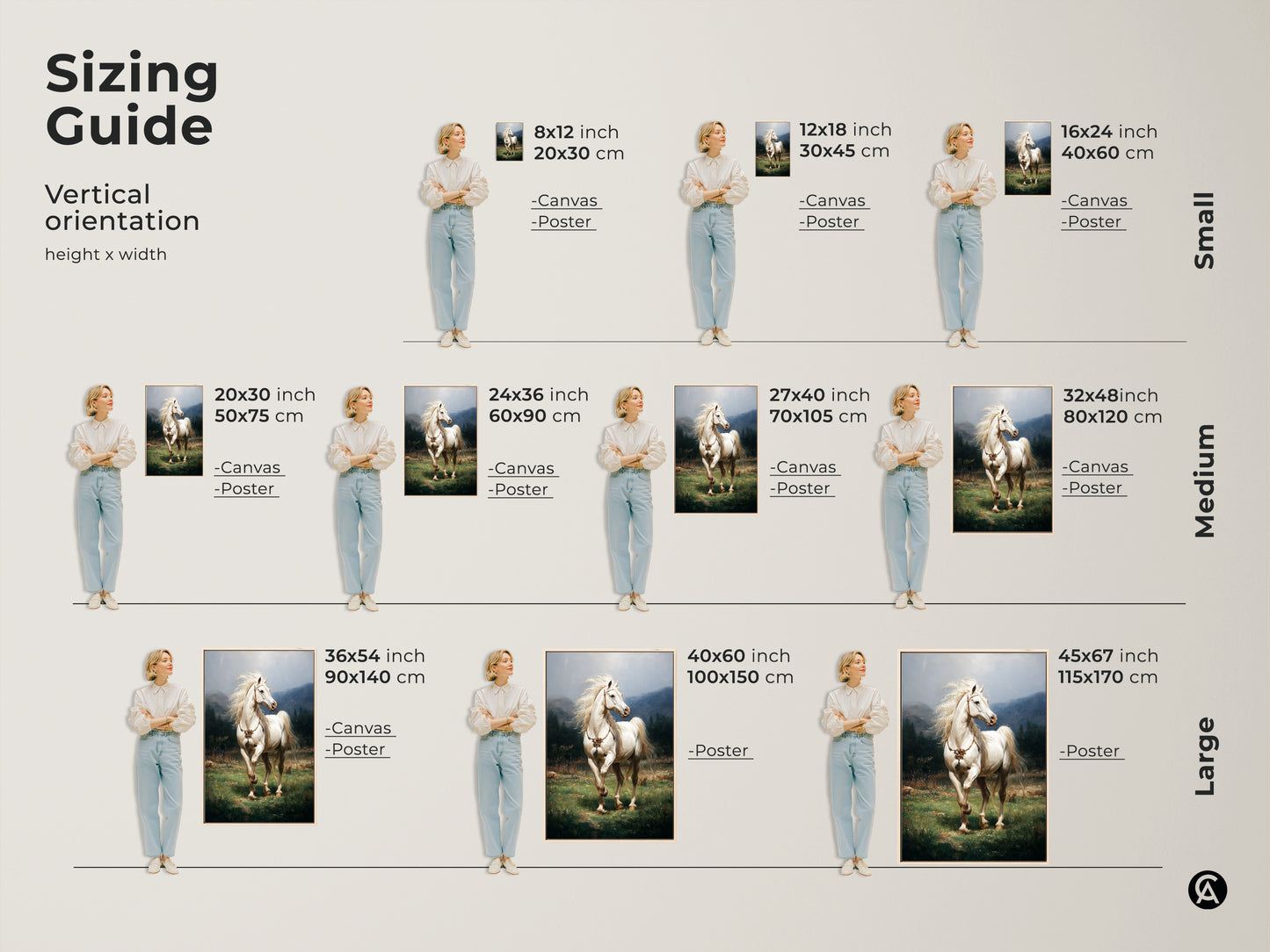 A sizing guide for vertical art. See how this rustic green landscape canvas art fits different spaces. Visualize poster and canvas sizes from small to large. Find the perfect realistic white horse print for your home or as an equestrian gift. Sizes are in inches and centimeters.