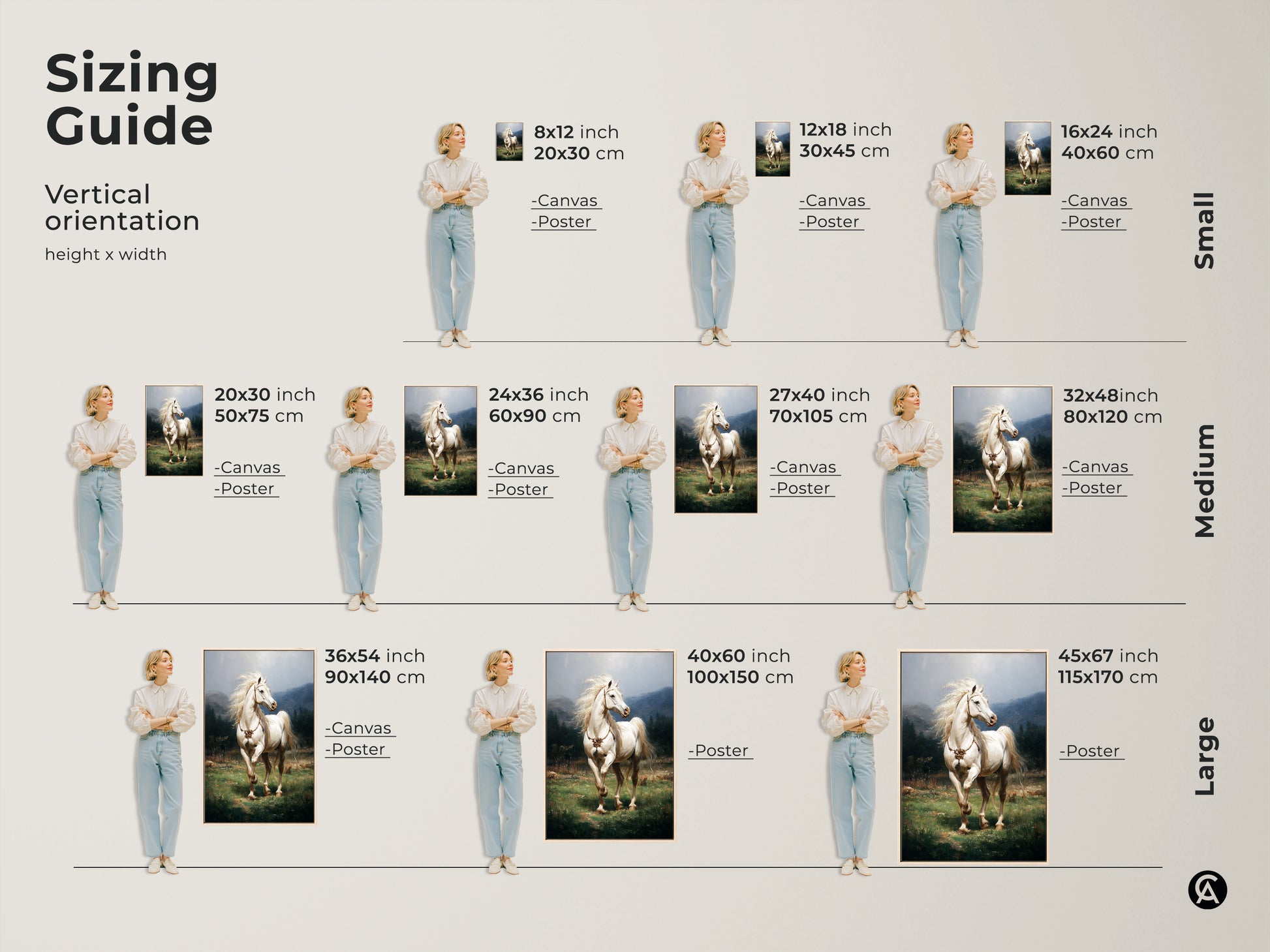 A sizing guide for vertical art. See how this rustic green landscape canvas art fits different spaces. Visualize poster and canvas sizes from small to large. Find the perfect realistic white horse print for your home or as an equestrian gift. Sizes are in inches and centimeters.