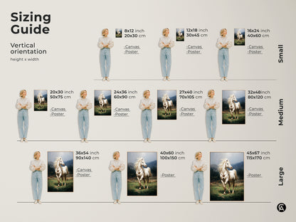 A sizing guide for vertical art. See how this rustic green landscape canvas art fits different spaces. Visualize poster and canvas sizes from small to large. Find the perfect realistic white horse print for your home or as an equestrian gift. Sizes are in inches and centimeters.