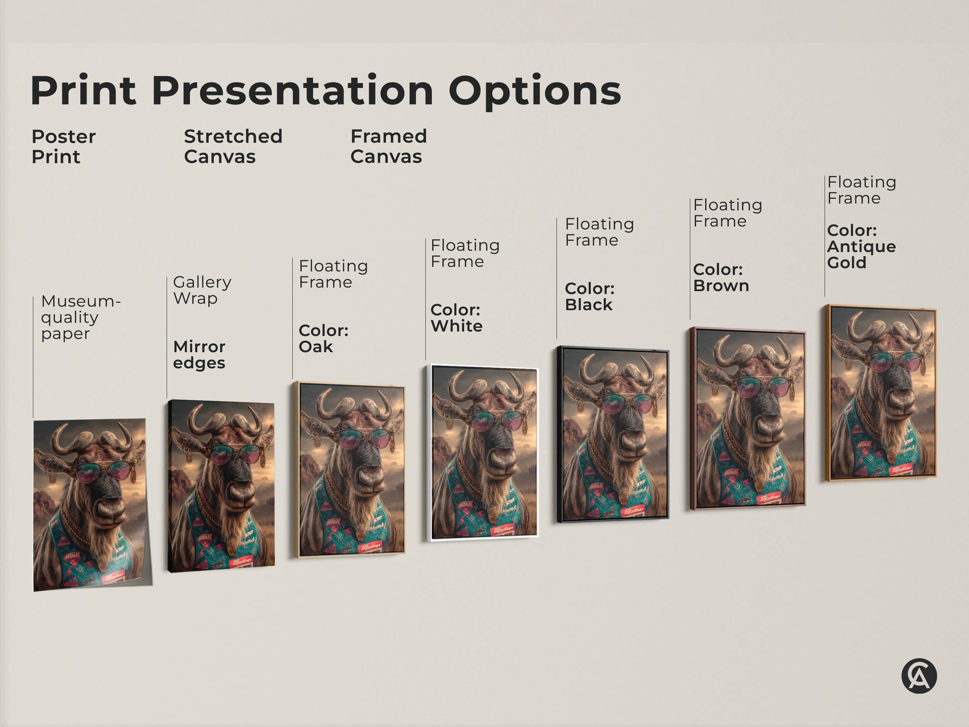 Print presentation options featuring the Sunglasses Wildebeest artwork. Poster Print Stretched Canvas and Framed Canvas. Floating Frame Color options Oak White Black Brown Antique Gold.